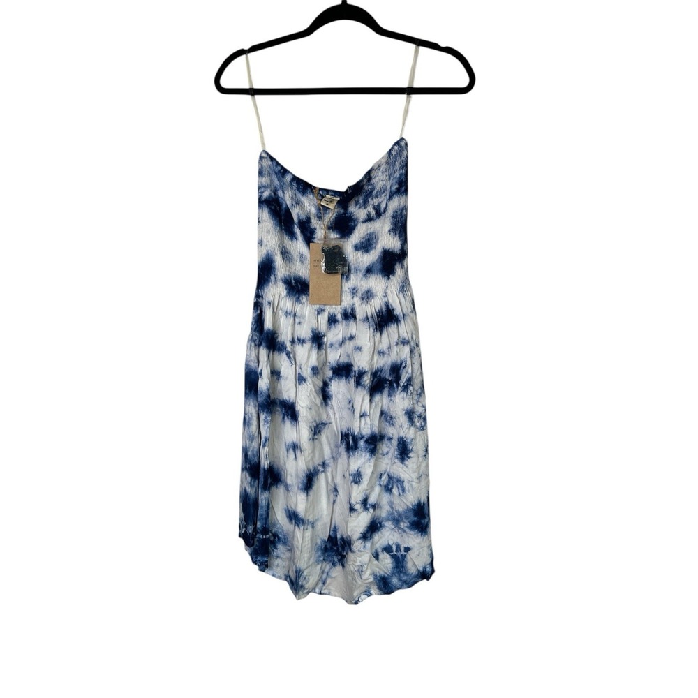 Riviera Sun NWT Blue White Tie Dye Smocked‎ Sundress Cover Up Medium Rayon Boho